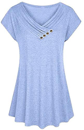 Women's Pullover Solid Short Bat Sleeve Blouses V Neck Big Swing Plain Shirts