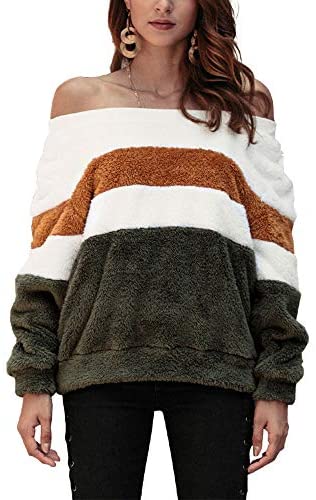 Women's Loose Fit Sweatshirt Striped Long Sleeve Color Block Fuzzy Sweaters