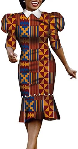 XIAOHUAGUA African Dashiki Print Dresses for Women Half Puff Sleeve Pearls Elegant Party Dress