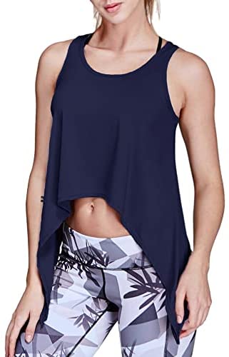 Women's Casual Scoop Neck Yoga Tank Tops Sleeveless Irregular Hem Solid Workout Running Crop Tops T Shirts