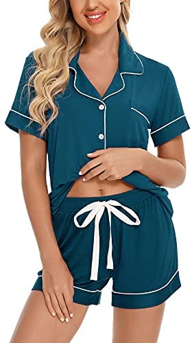 Womens Pajamas Set Short Sleeve Sleepwear Button Down Nightwear Shorts Soft Pj Sets S-XXL