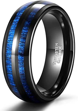 TRUMIUM 8mm Mens Tungsten Wedding Rings Blue Maple Inlay Black Tungsten Carbide Ring Engagement Band Beveled Edges Comfort Fit Size 6-13