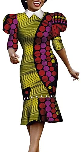 XIAOHUAGUA African Dashiki Print Dresses for Women Half Puff Sleeve Pearls Elegant Party Dress