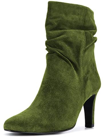 FSJ Women Fashion Closed Toe Mid Calf Boots Mid Thick Heels Stretchy Slouch Booties Shoes Size 4-15 US