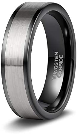 TRUMIUM 6mm Tungsten Wedding Band Matte Brushed Black/Silver Flat Classic Engagement Ring for Men Women Comfort Fit Size 4-15