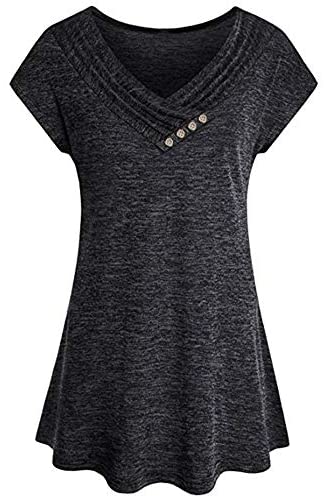Women's Pullover Solid Short Bat Sleeve Blouses V Neck Big Swing Plain Shirts