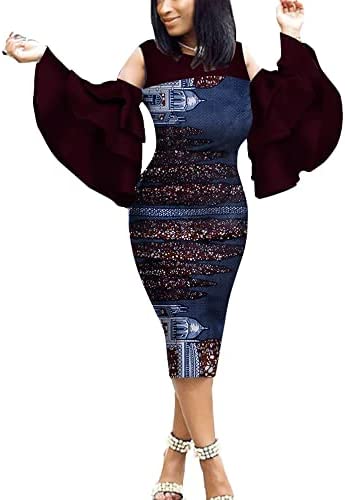 African Print Women Dress Long Flare Sleeves Knee-Length Pencil Ankara Party Dress Dashiki Traditional Costume