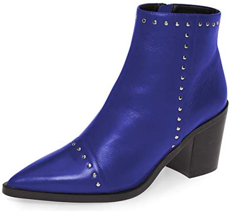 Women Block Low Mid Heels Ankle Boots Pointy Toe Rivets Studs Boots Party Office Shoes with Side Zipper Size 4-15 US