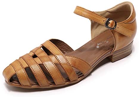 Mona flying Women Leather Tatianna Dress Sandals Closed Toe Low Heels Strappy Flats Summer Casual Shoes