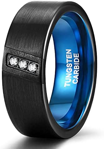 8mm Mens Wedding bands Cubic Zirconia Tungsten Rings Three Stone Diagonal Diamonds Silver/ Black Blue Size 7-13
