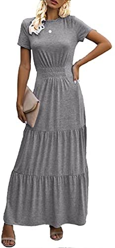Dyexces Women’s Maxi Dress Summer Dresses Tunic Short Sleeve Crewneck Tiered Long Skirts