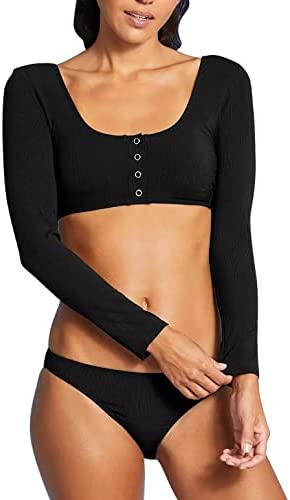 GAMISOTE Women Two Piece Swimsuits Long Sleeve Button Up Crop Top Bikini Bottoms Swimwear