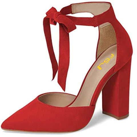 FSJ Women Faux Suede Chunky Block Heel Pump D'Orsay Pointed Toe Ankle Strap Lace Up Sandals Size 4-15 US