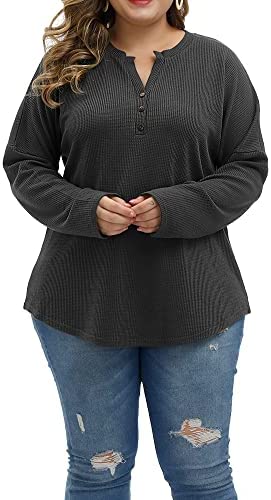 Women Plus Size Tops Lightweight Fall Long Sleeve Knit Sweatshirts Warm Cozy Casual Henley Shirts