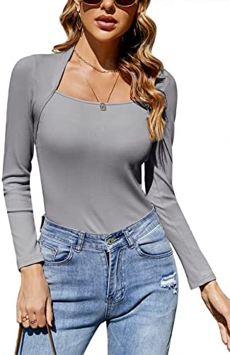 GAMISOTE Womens Slim Fit Long Sleeve Tops Scoop Neck Ribbed Knit Night Out Tunic Blouses