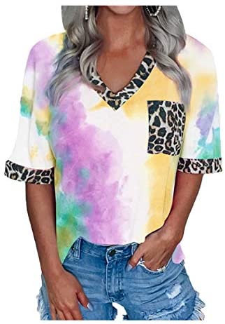 Women's Summer Tie Dye Printed T Shirt Casual Leopard Patchwork Short Sleeve Tee