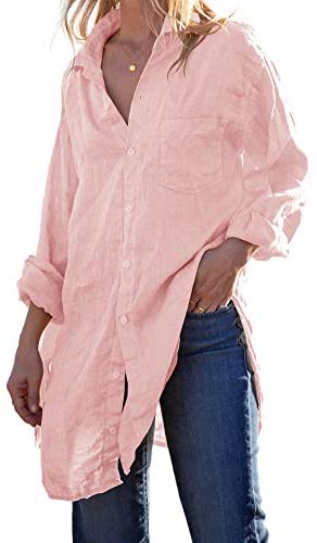 Karlywindow Womens Button Down Tunic Shirts Cotton Linen Long Sleeve Work Blouse Loose Casual Beach Cover Up Shirt