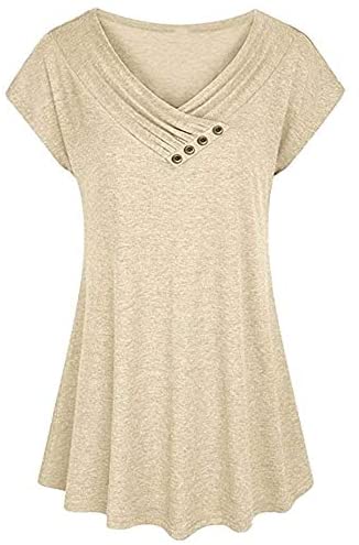 Women's Pullover Solid Short Bat Sleeve Blouses V Neck Big Swing Plain Shirts