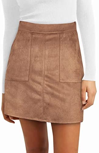 Skirts for Women High Waisted Mini Skirt Faux Suede A Line Skirt with Slant Pocket