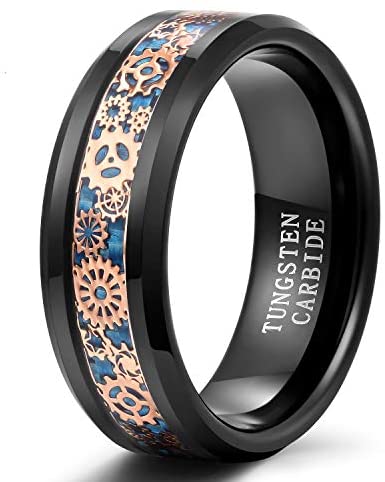 8mm Mens Tungsten Wedding Rings Gear Steampunk Sandstone Meteorite Inlay Wedding Band High Polished Beveled Edge Comfort Fit Size 7-13