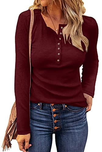 WNEEDU Women's Waffle Knit Tops Casual Long Sleeve Blouses Slim Fit Button Down V Neck Henley Shirts