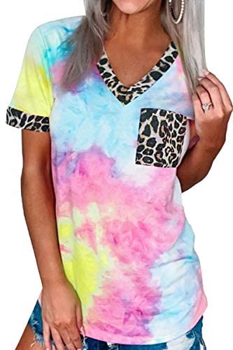 Women's Summer Tie Dye Printed T Shirt Casual Leopard Patchwork Short Sleeve Tee