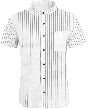 Men's Casual Mandarin Collar Shirts Button Down Vertical Stripes Short Sleeve Tops Shirt with Chest Pocket