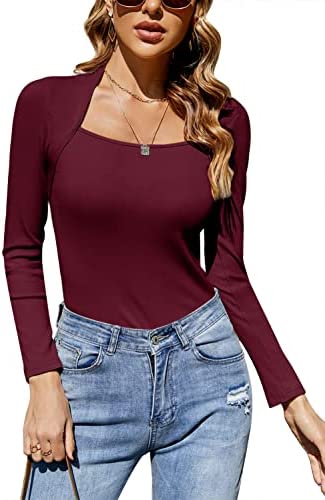 GAMISOTE Womens Slim Fit Long Sleeve Tops Scoop Neck Ribbed Knit Night Out Tunic Blouses
