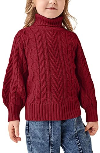 Girls Sweater Turtle Neck Puff Sleeve Chunky Cable Knit Kids Pullover Jumper Top