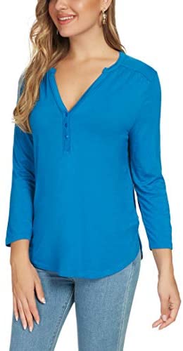 Women's 3/4 Sleeve Floral Print Shirts V Neck Button Up Blouse Tops