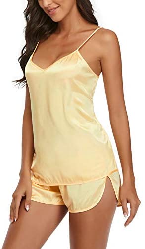 Womens Pajamas, Cool Satin Cami Shorts Set Lightweight Nightwear Silk Pajamas for Women