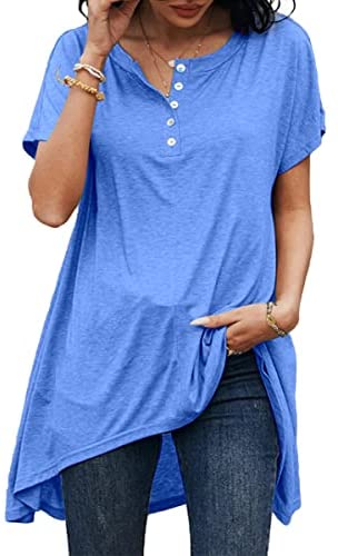 Dyexces Womens V Neck Tops Short Sleeve Shirts Casual Loose Button Collar Irregular Hem Tshirt