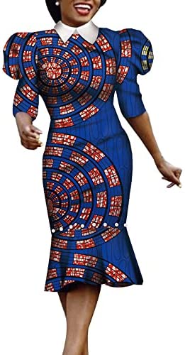 XIAOHUAGUA African Dashiki Print Dresses for Women Half Puff Sleeve Pearls Elegant Party Dress