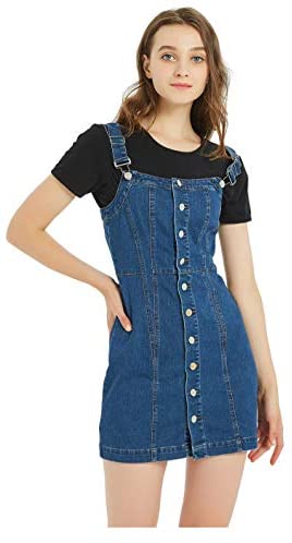 Women's Button Front Classic Adjustable Strap Overall Denim Skirt Dress