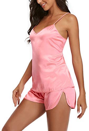 Womens Pajamas, Cool Satin Cami Shorts Set Lightweight Nightwear Silk Pajamas for Women