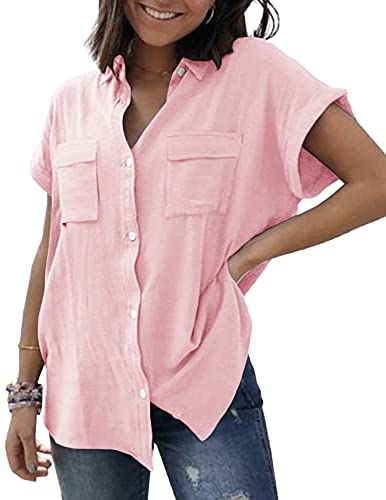 Womens V Neck Button Down Shirt Cuffed Sleeve Summer Beach Casual Tops Loose Fit Blouse with Two Side Pockets