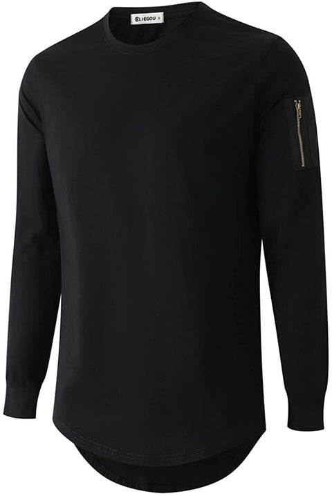 KLIEGOU Mens 100% Cotton Hipster Hip Hop Crewneck T-Shirt with Zip Pocket