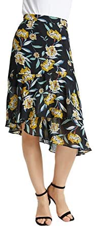 Womens A Line Floral Print Midi Skirt Flared Hem