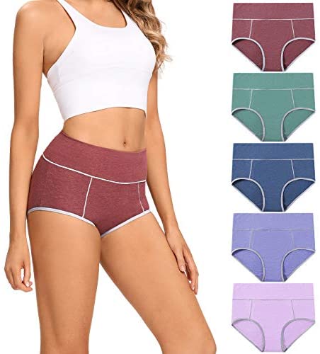 POKARLA Women's High Waisted Cotton Underwear Soft Breathable Panties Stretch Briefs Regular & Plus Size 5-Pack