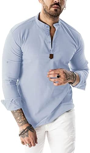 Men's Long Sleeve Cotton Henley Shirts Basic Casual Button Up Banded Collar Yoga Shirt Soft Beach Tops