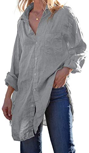 Karlywindow Womens Button Down Tunic Shirts Cotton Linen Long Sleeve Work Blouse Loose Casual Beach Cover Up Shirt