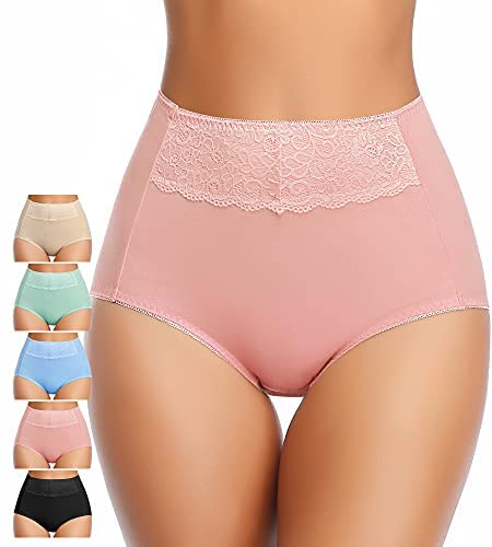 Women's High Waisted Cotton Underwear Soft Breathable Full Coverage Stretch Briefs Ladies Panties 5-Pack