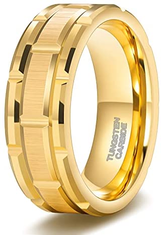 8mm Mens Tungsten Wedding Band Silver/ Gold/Black Brick Pattern Brushed Finish Engagement Ring Masculine Comfort Fit Size 7-13
