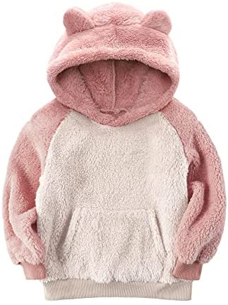 Baby Kids Girls Boys Fluffy Hoodies Sherpa Fleece Sweatshirts Winter Coats Cute Ear Pullovers with Kangaroo Pocket