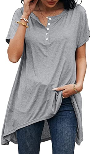 Dyexces Womens V Neck Tops Short Sleeve Shirts Casual Loose Button Collar Irregular Hem Tshirt