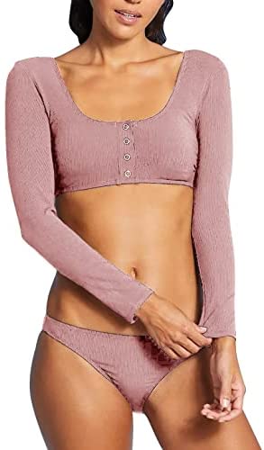 GAMISOTE Women Two Piece Swimsuits Long Sleeve Button Up Crop Top Bikini Bottoms Swimwear