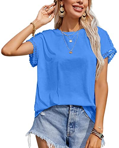 Womens Short Sleeve Tops Lace Patchwork Crewneck Bat Sleeve T Shirts Basic Casual Tee