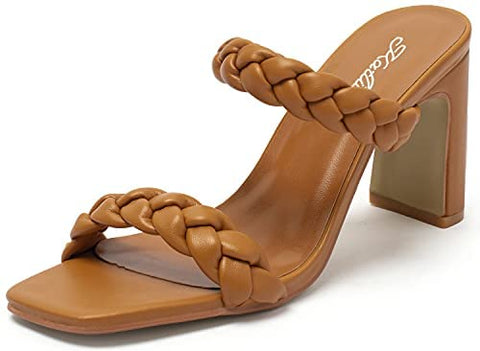 Katliu Women's Braided Heeled Mules Square Toe Block Heel Sandals Two Strap Heeled Slide Sandals