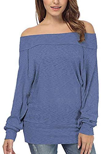 Women's Solid Off Shoulder Bat Sleeve Sweatshirt Plain Fashion Casual Shirt