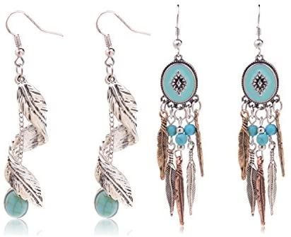 Ginasy Bohemia Spiral Drop Earrings Teardrop Simulated Turquoise Dangle Earrings Fashion Jewelry for Women Girls Valentines Day Gifts